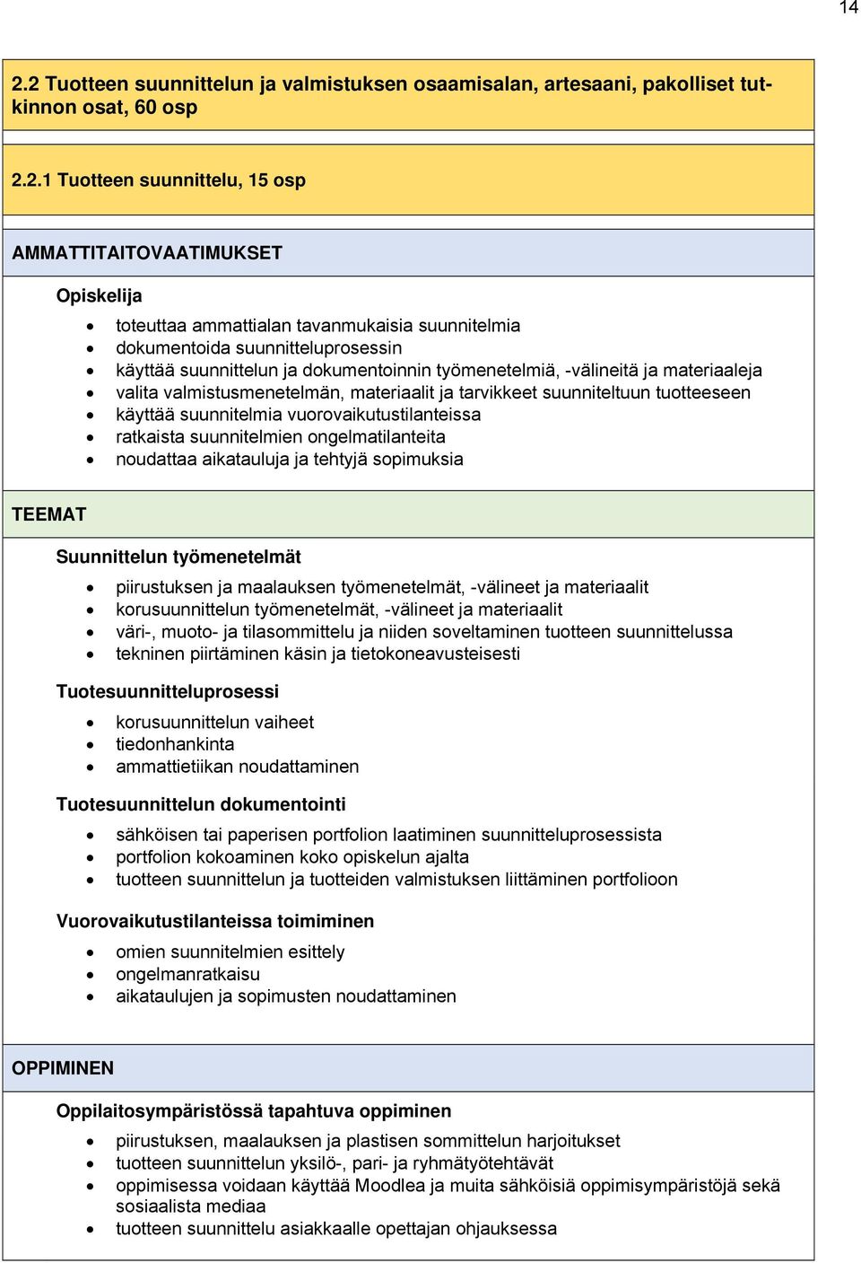 suunniteltuun tuotteeseen käyttää suunnitelmia vuorovaikutustilanteissa ratkaista suunnitelmien ongelmatilanteita noudattaa aikatauluja ja tehtyjä sopimuksia TEEMAT Suunnittelun työmenetelmät