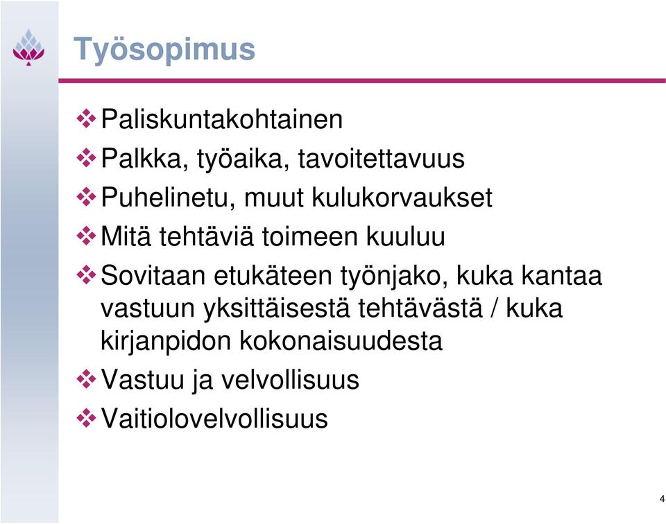 etukäteen työnjako, kuka kantaa vastuun yksittäisestä tehtävästä /