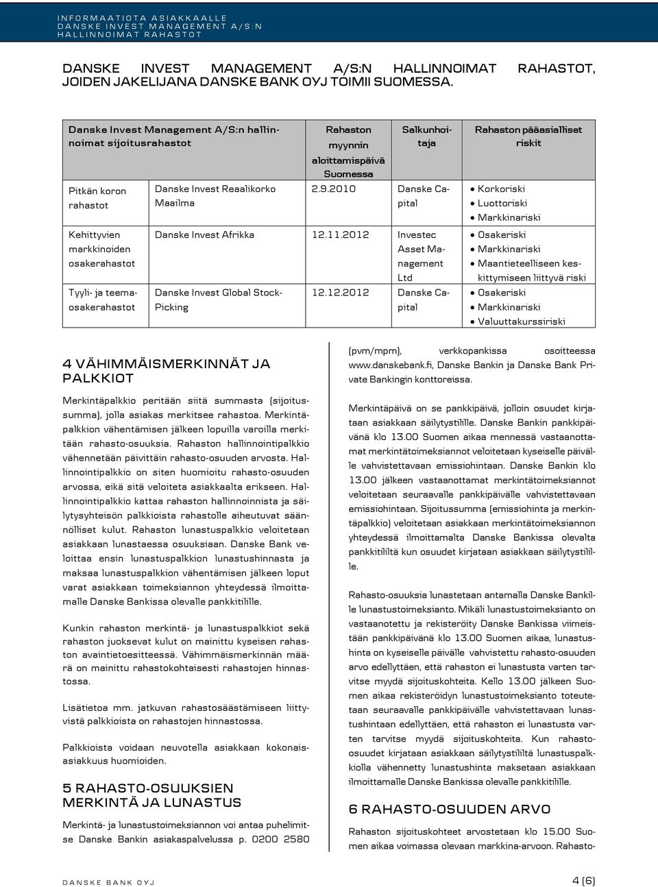 myynnin Salkunhoitaja aloittamispäivä Suomessa 2.9.2010 Danske Capital Danske Invest Afrikka 12.