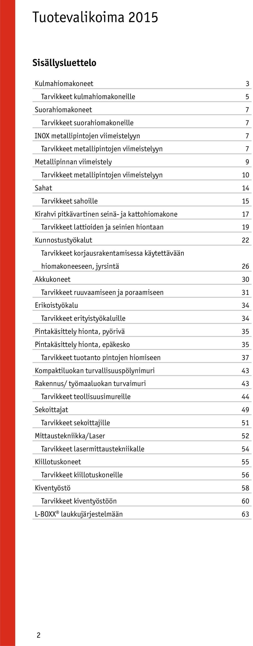 Kunnostustyökalut 22 Tarvikkeet korjausrakentamisessa käytettävään hiomakoneeseen, jyrsintä 26 Akkukoneet 30 Tarvikkeet ruuvaamiseen ja poraamiseen 31 Erikoistyökalu 34 Tarvikkeet erityistyökaluille