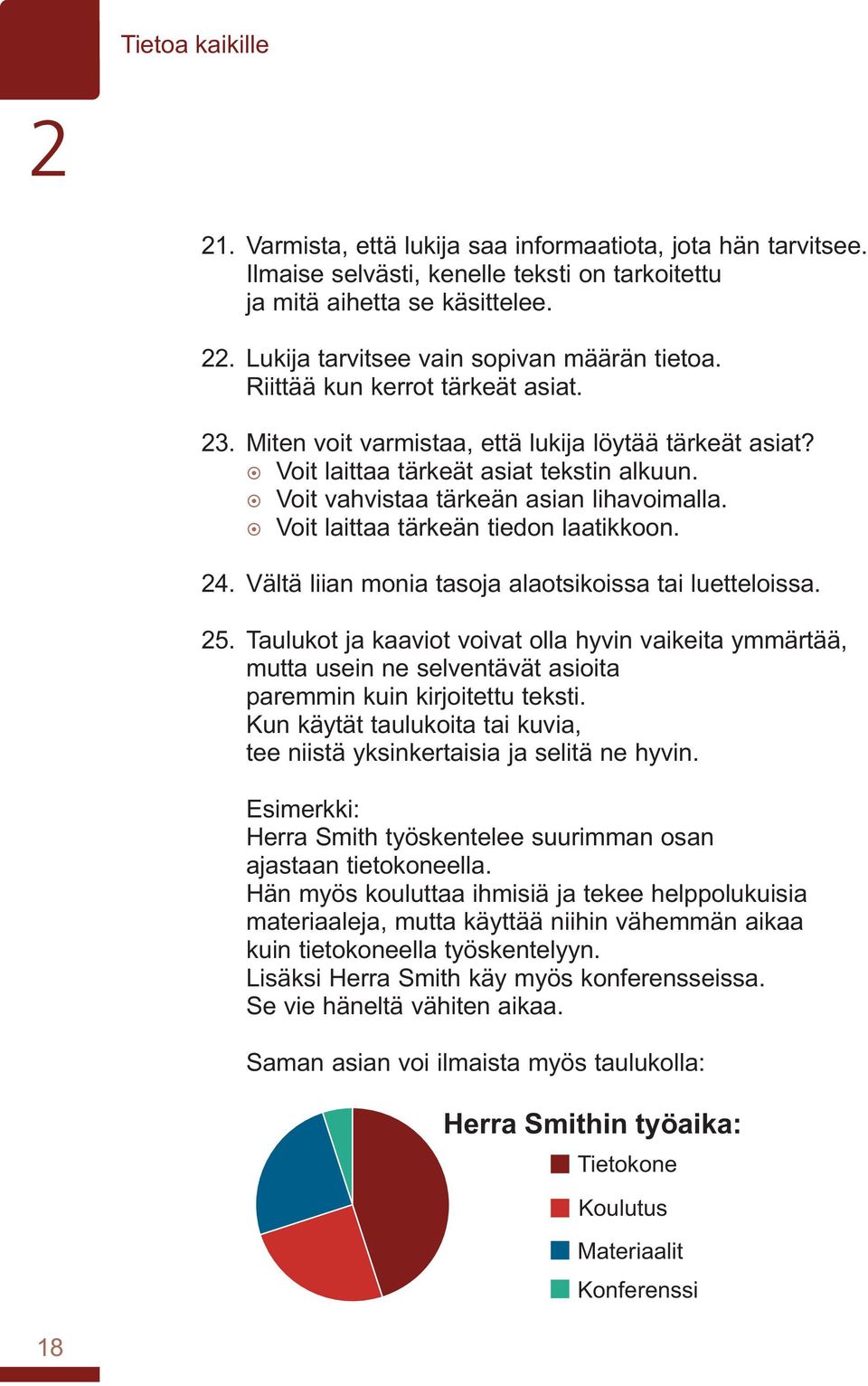 Voit laittaa tärkeän tiedon laatikkoon. 24. Vältä liian monia tasoja alaotsikoissa tai luetteloissa. 25.