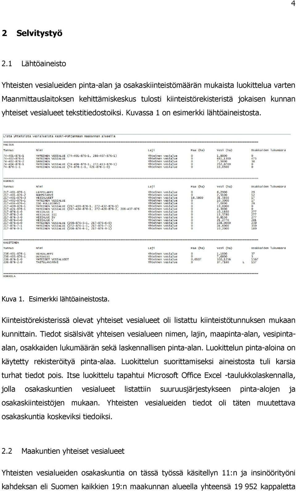 vesialueet tekstitiedostoiksi. Kuvassa 1 on esimerkki lähtöaineistosta. Kuva 1. Esimerkki lähtöaineistosta.