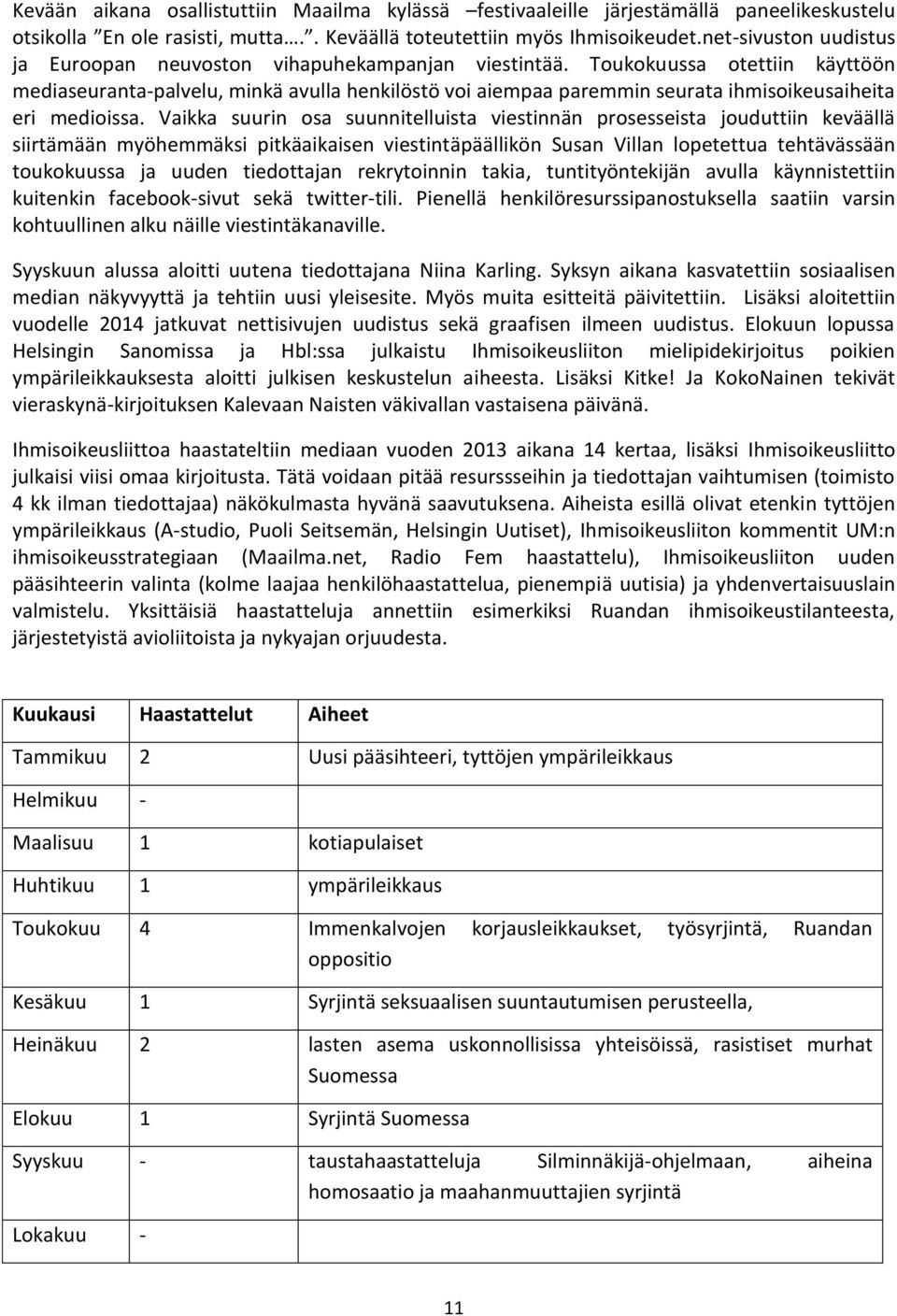 Toukokuussa otettiin käyttöön mediaseuranta-palvelu, minkä avulla henkilöstö voi aiempaa paremmin seurata ihmisoikeusaiheita eri medioissa.