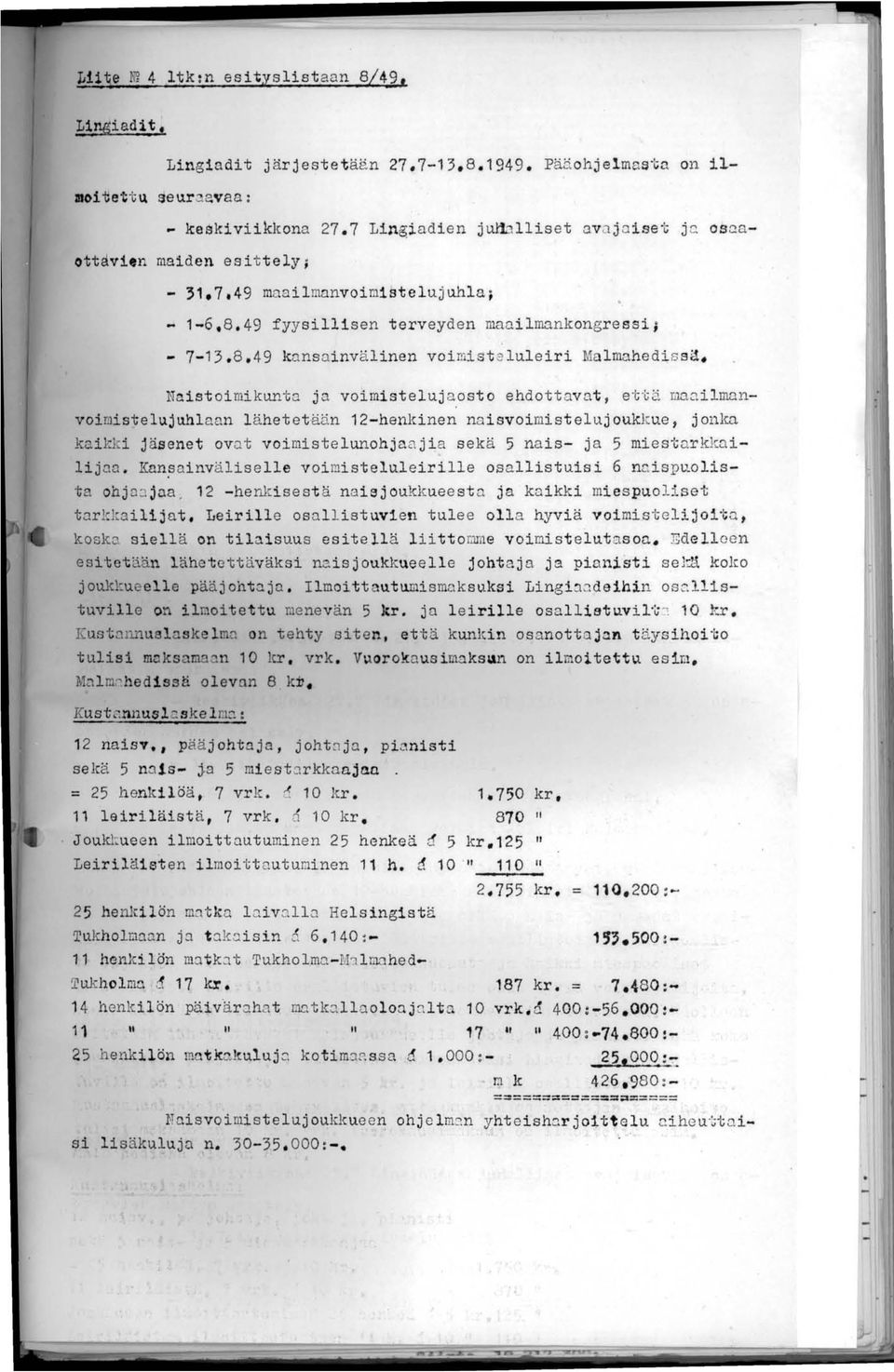 voimistelujaosto ehdottavat, et-l;ä maa.ilmnnvoii!lis~elujl1hl aa n lähetetään 12-henkinen naisvoimistelujoukkue, jonka kaikki jäsenet ovat voimistelunohjan j ia sekä 5 nais- ja 5 miestatk milijaa.