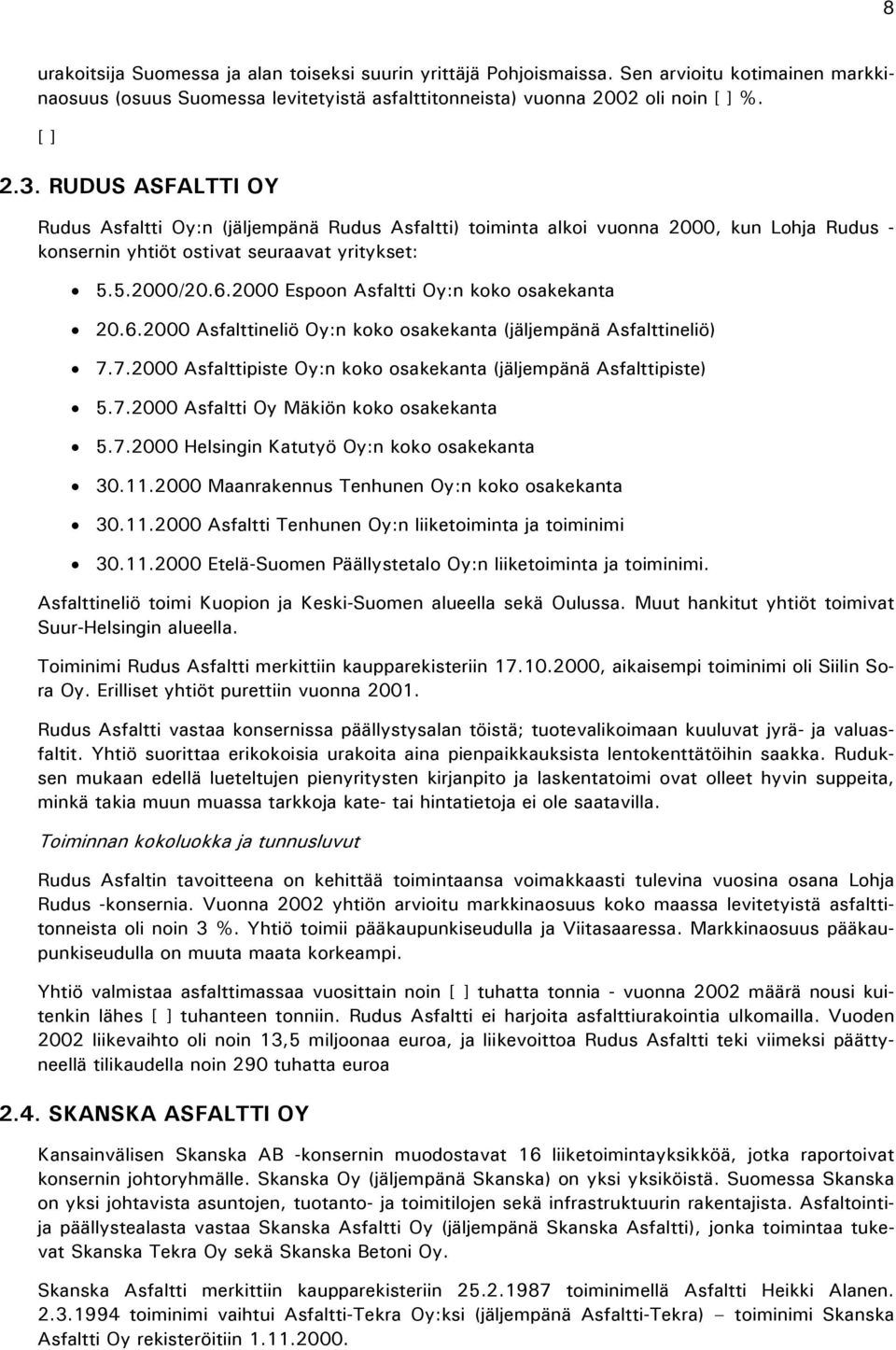 2000 Espoon Asfaltti Oy:n koko osakekanta 20.6.2000 Asfalttineliö Oy:n koko osakekanta (jäljempänä Asfalttineliö) 7.7.2000 Asfalttipiste Oy:n koko osakekanta (jäljempänä Asfalttipiste) 5.7.2000 Asfaltti Oy Mäkiön koko osakekanta 5.