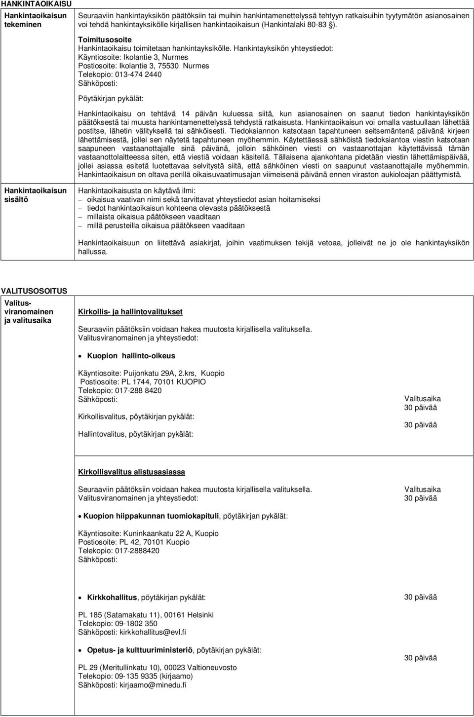 Hankintayksikön yhteystiedot: Käyntiosoite: Ikolantie 3, Nurmes Postiosoite: Ikolantie 3, 75530 Nurmes Telekopio: 013-474 2440 Sähköposti: Pöytäkirjan pykälät: Hankintaoikaisu on tehtävä 14 päivän