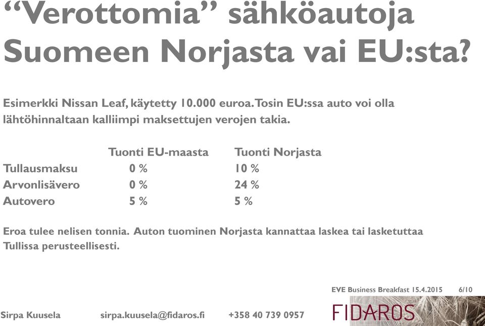 Tuonti EU-maasta Tuonti Norjasta Tullausmaksu 0 % 10 % Arvonlisävero 0 % 24 % Autovero 5 % 5 % Eroa tulee