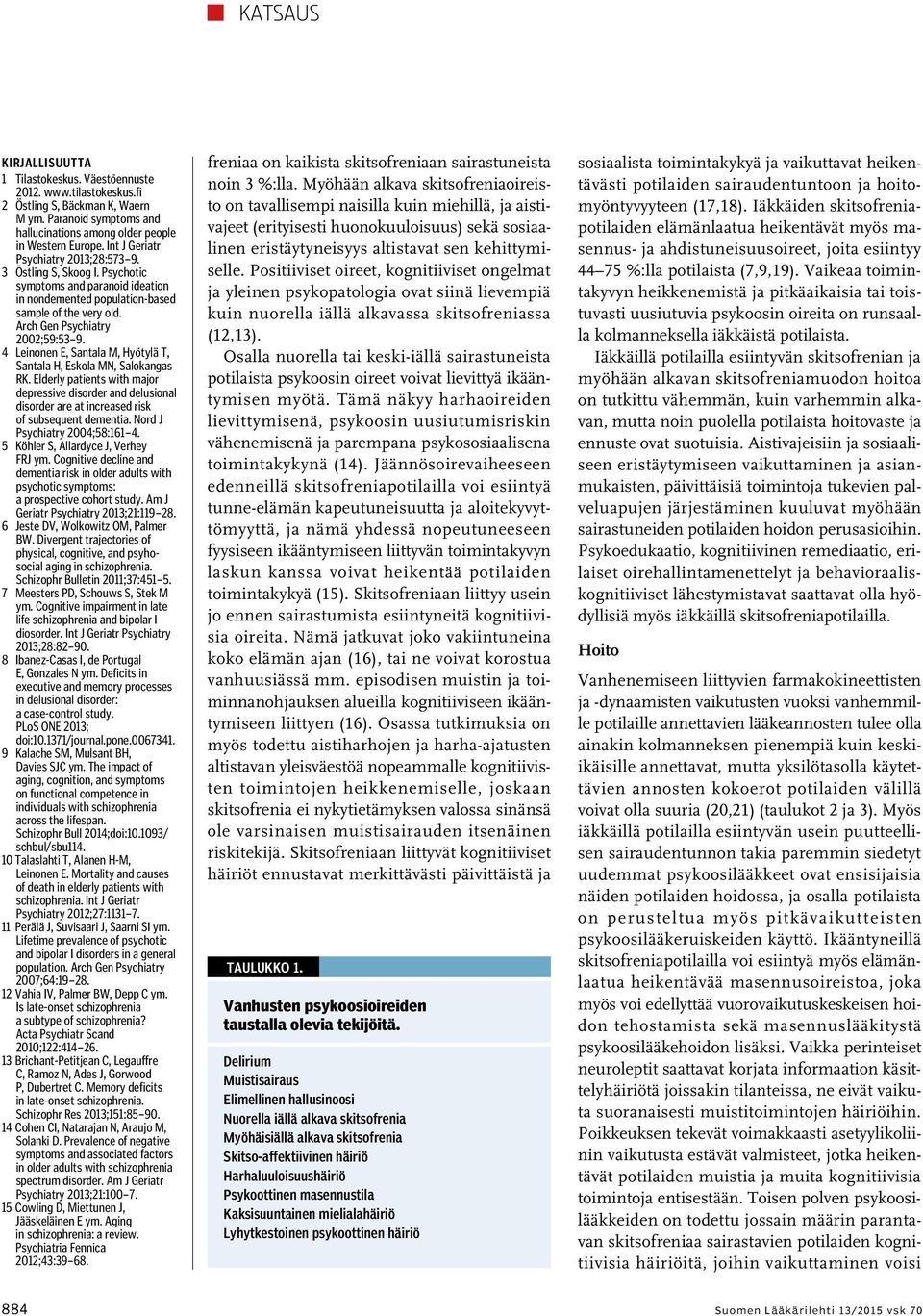 4 Leinonen E, Santala M, Hyötylä T, Santala H, Eskola MN, Salokangas RK. Elderly patients with major depressive disorder and delusional disorder are at increased risk of subsequent dementia.