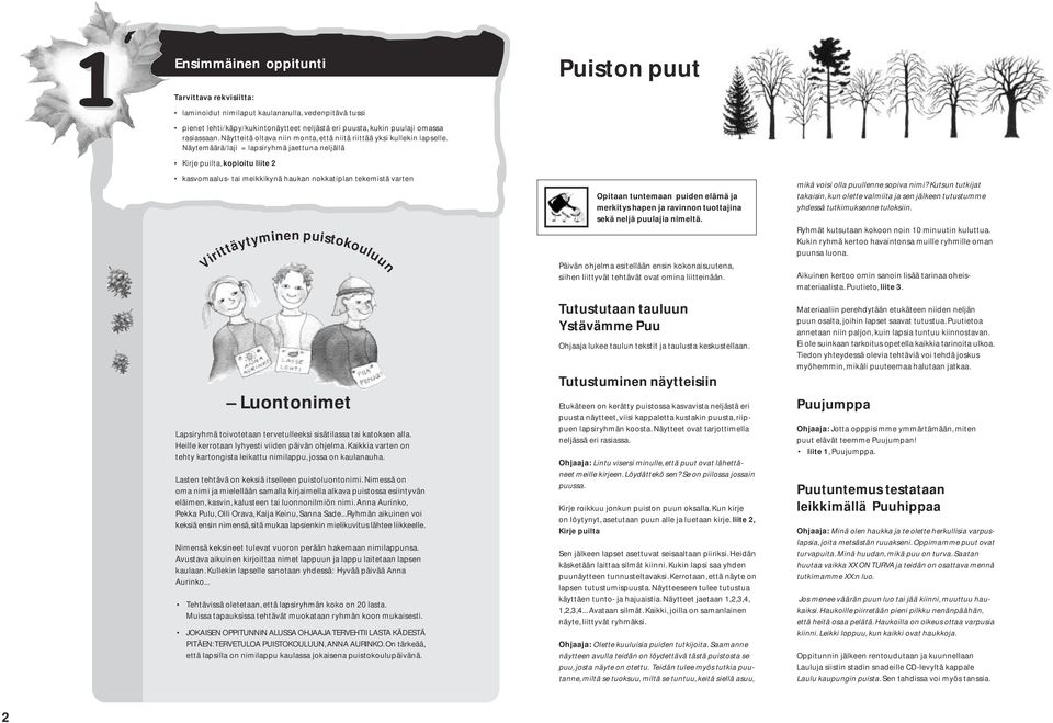 Näytemäärä/laji = lapsiryhmä jaettuna neljällä Kirje puilta, kopioitu liite 2 kasvomaalus- tai meikkikynä haukan nokkatiplan tekemistä varten Virittäytyminen puistokouluun Luontonimet Lapsiryhmä