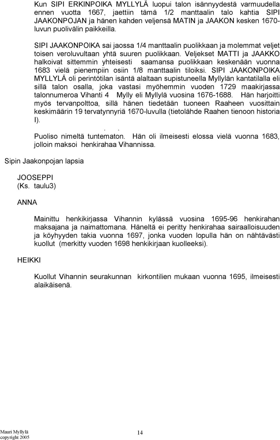 Veljekset MATTI ja JAAKKO halkoivat sittemmin yhteisesti saamansa puolikkaan keskenään vuonna 1683 vielä pienempiin osiin 1/8 manttaalin tiloiksi.