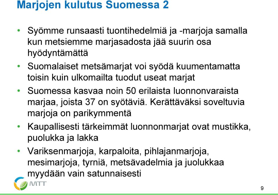 luonnonvaraista marjaa, joista 37 on syötäviä.