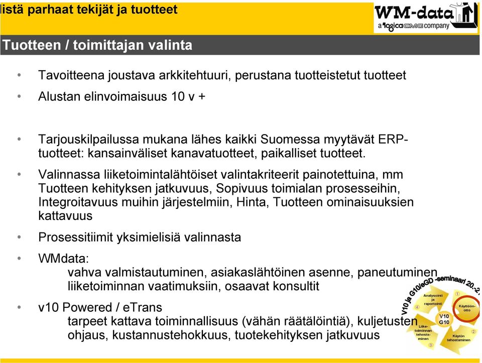 Valinnassa liiketoimintalähtöiset valintakriteerit painotettuina, mm Tuotteen kehityksen jatkuvuus, Sopivuus toimialan prosesseihin, Integroitavuus muihin järjestelmiin, Hinta, Tuotteen