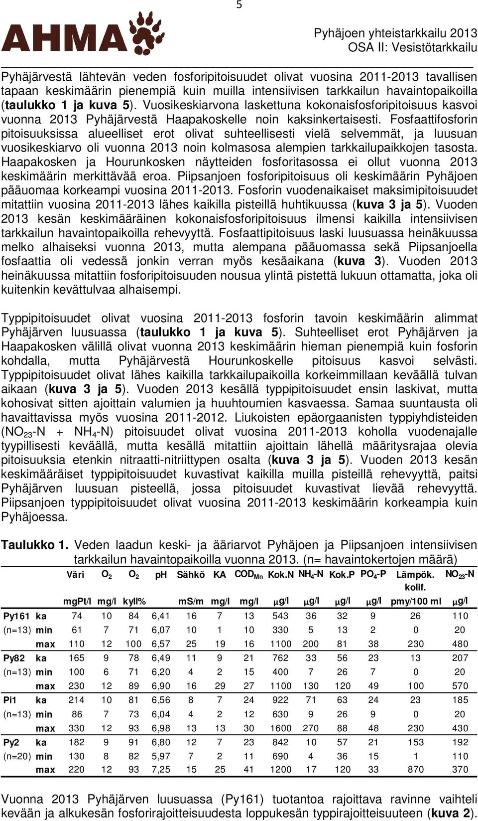 Fosfaattifosforin pitoisuuksissa alueelliset erot olivat suhteellisesti vielä selvemmät, ja luusuan vuosikeskiarvo oli vuonna 2013 noin kolmasosa alempien tarkkailupaikkojen tasosta.