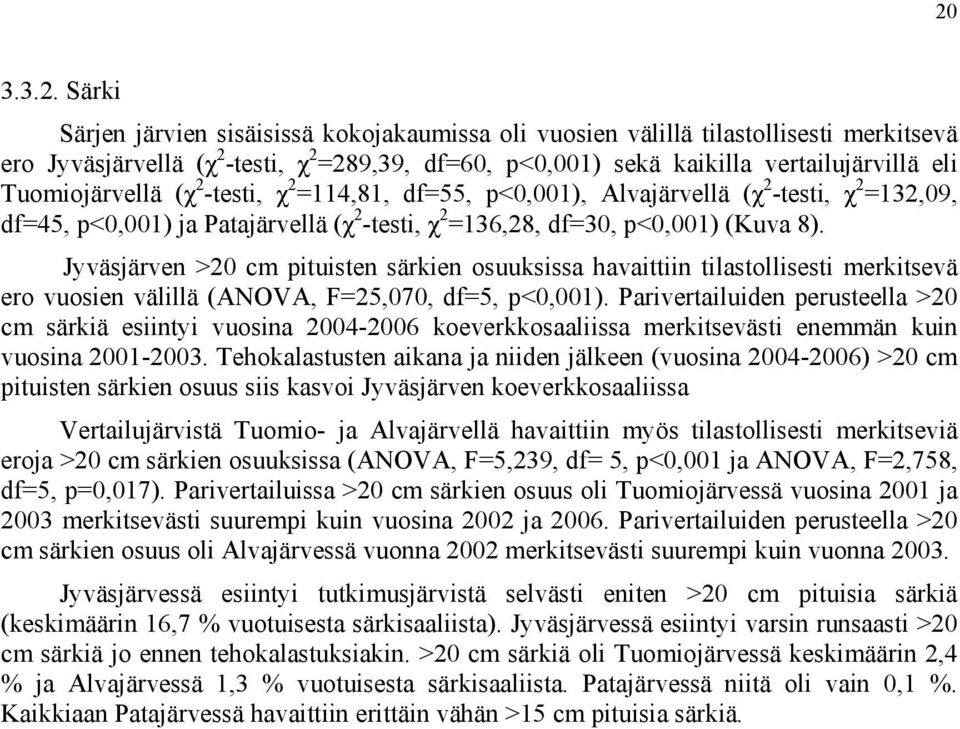 Jyväsjärven >2 cm pituisten särkien osuuksissa havaittiin tilastollisesti merkitsevä ero vuosien välillä (ANOVA, F=25,7, df=5, p<,1).