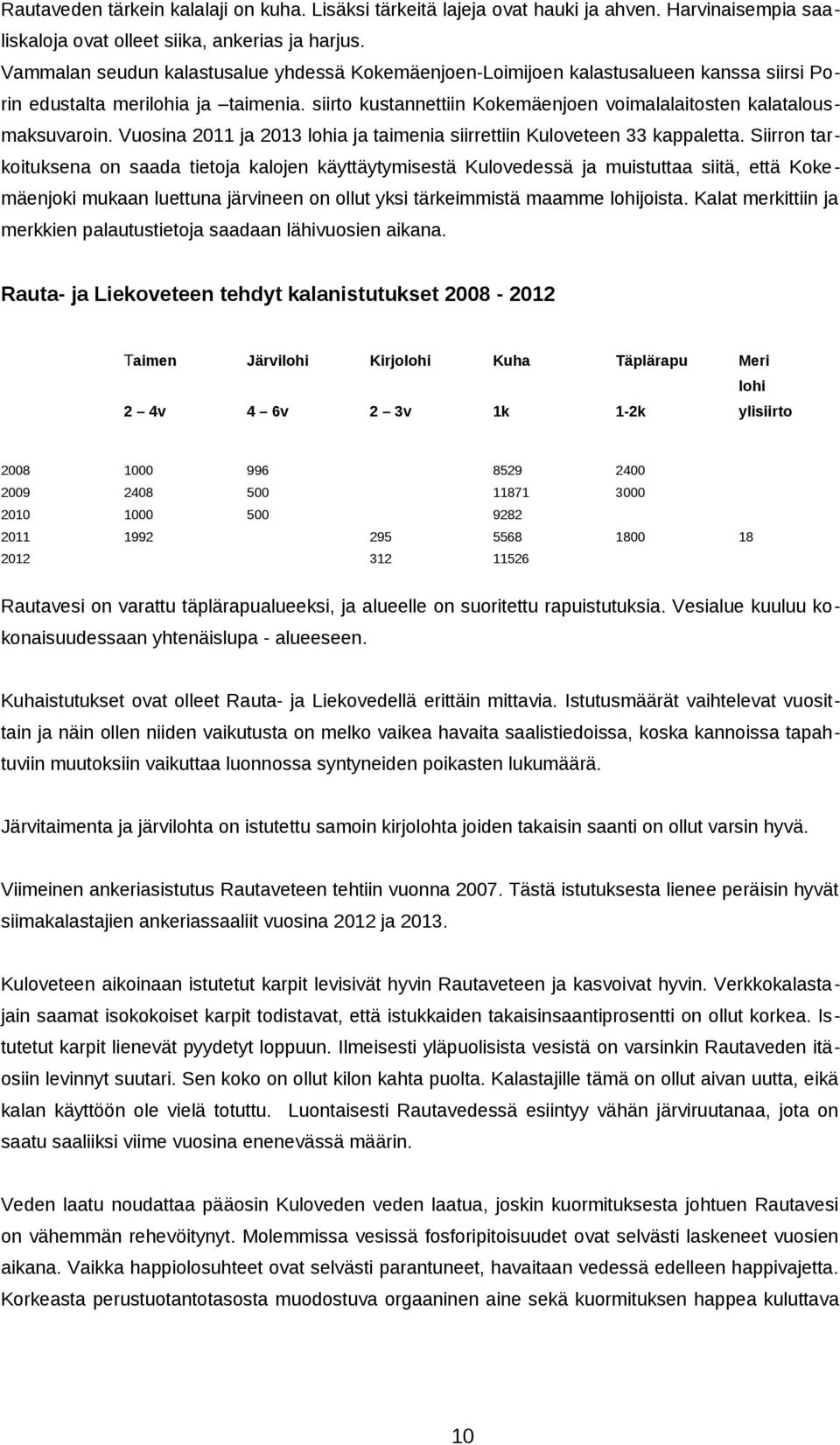 Harvinaisempia kanssa siirsi saaliskaloja edustalta ovat merilohia olleet siika, ja ankerias taimenia. ja harjus. siirto kustannettiin Kokemäenjoen voimalalaitosten kalatalous- Porimaksuvaroin.