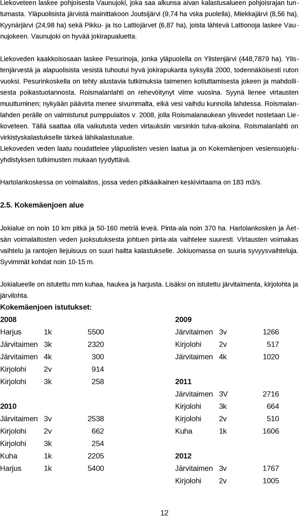 Vaunujokeen. Vaunujoki on hyvää jokirapualuetta. Liekoveden kaakkoisosaan laskee Pesurinoja, jonka yläpuolella on Ylistenjärvi (448,7879 ha).