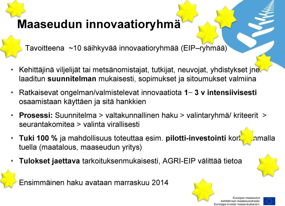 hankkien Prosessi: Suunnitelma > valtakunnallinen haku > valintaryhmä/ kriteerit > seurantakomitea > valinta virallisesti Tuki 100 % ja mahdollisuus toteuttaa esim.