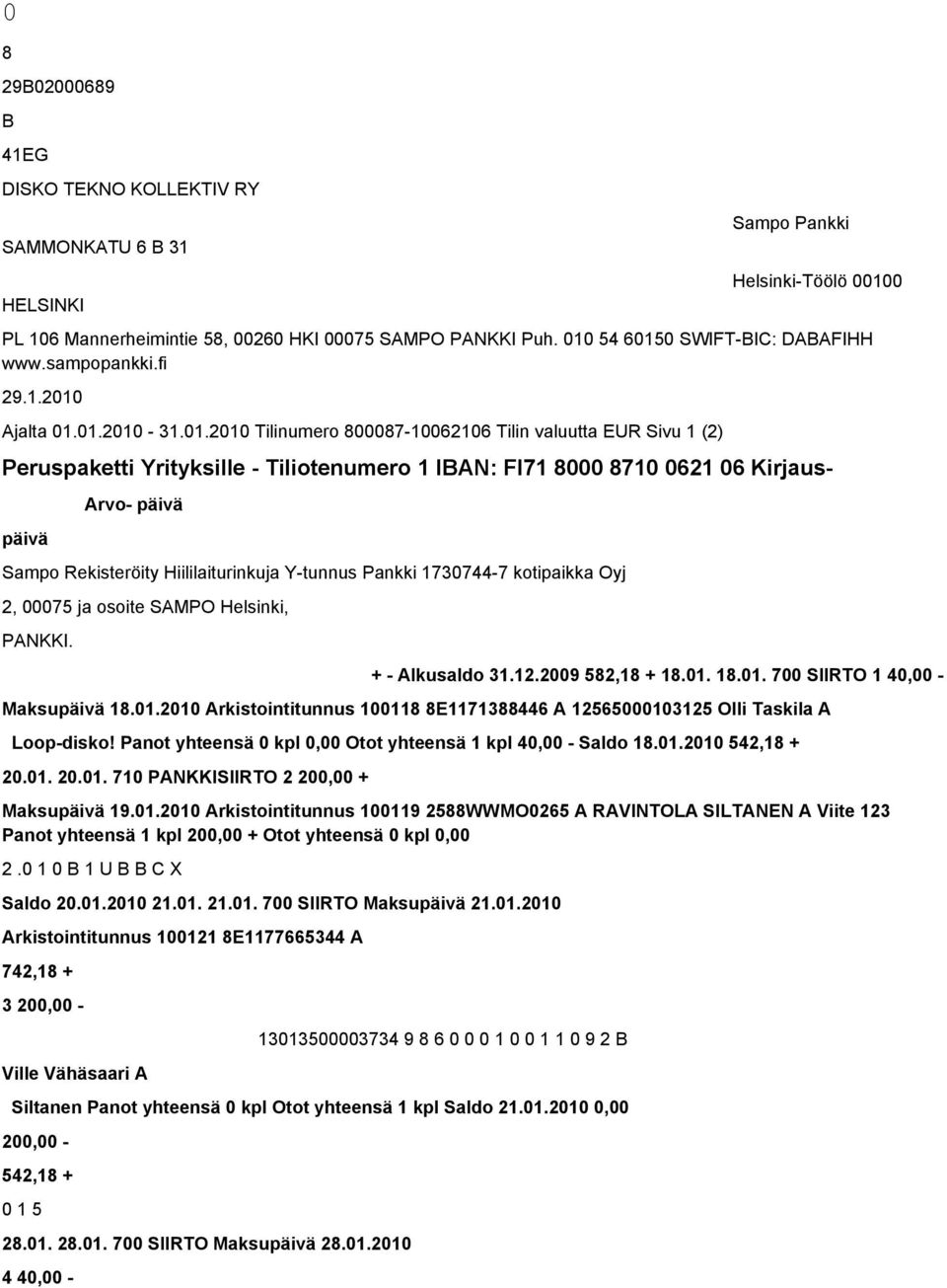 FI71 8000 8710 0621 06 Kirjaus- päivä Arvo- päivä Sampo Rekisteröity Hiililaiturinkuja Y-tunnus Pankki 1730744-7 kotipaikka Oyj 2, 00075 ja osoite SAMPO Helsinki, PANKKI. + - Alkusaldo 31.12.