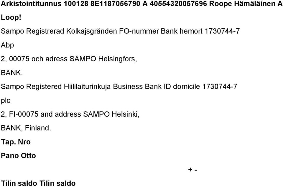 SAMPO Helsingfors, BANK.