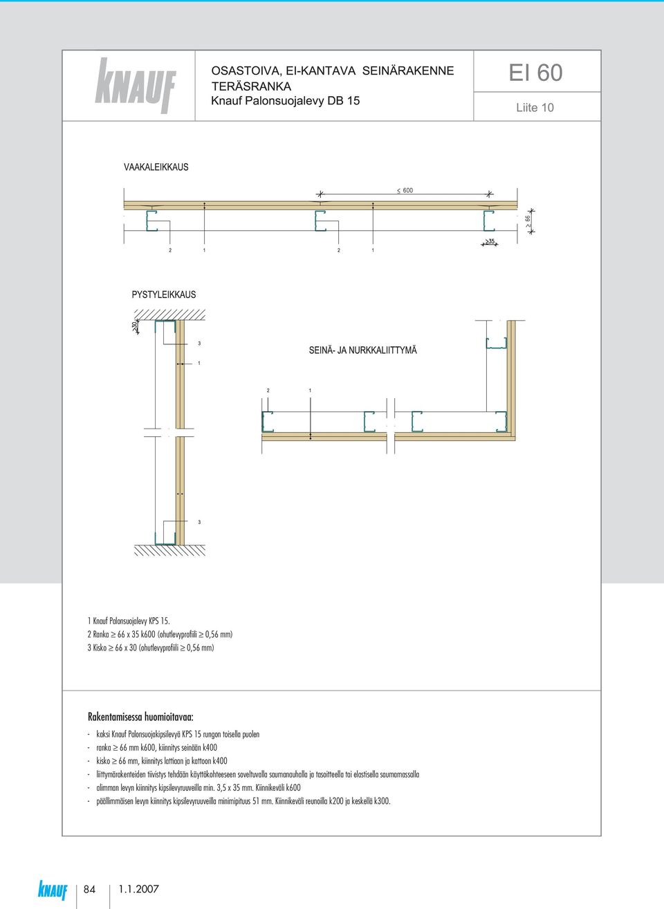 rungon toisella puolen - ranka 66 mm k600, kiinnitys seinään k400 - kisko 66 mm, kiinnitys lattiaan ja kattoon k400 - liittymärakenteiden tiivistys tehdään