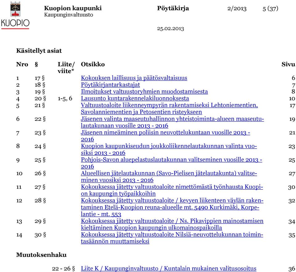 risteykseen 6 22 Jäsenen valinta maaseutuhallinnon yhteistoiminta-alueen maaseutulautakunaan 19 vuosille 2013-2016 7 23 Jäsenen nimeäminen poliisin neuvottelukuntaan vuosille 2013-21 2016 8 24