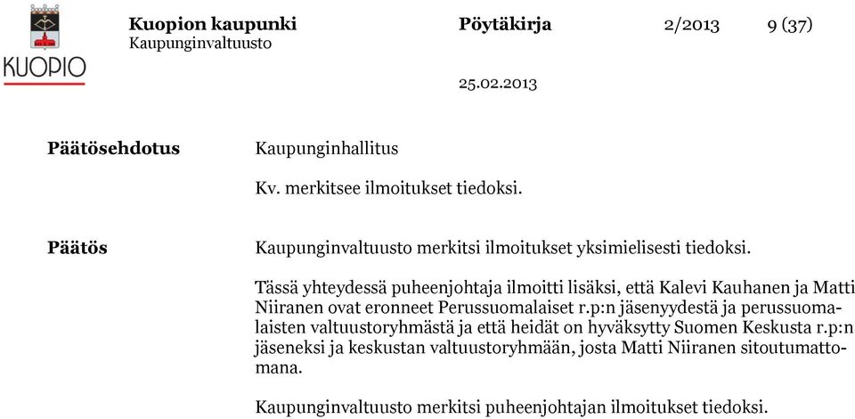 Tässä yhteydessä puheenjohtaja ilmoitti lisäksi, että Kalevi Kauhanen ja Matti Niiranen ovat eronneet Perussuomalaiset r.