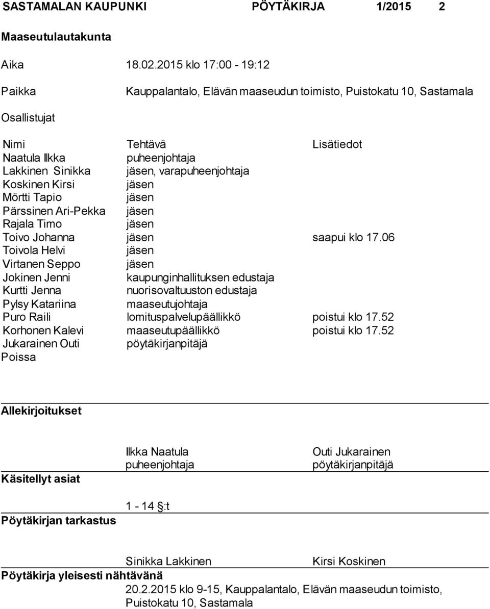 varapuheenjohtaja Koskinen Kirsi jäsen Mörtti Tapio jäsen Pärssinen Ari-Pekka jäsen Rajala Timo jäsen Toivo Johanna jäsen saapui klo 17.