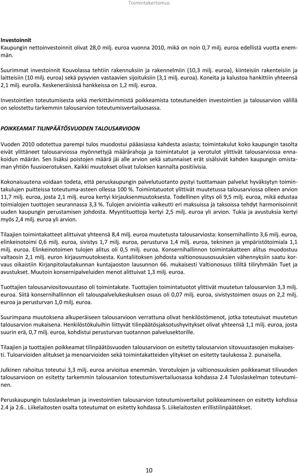 euroa). Koneita ja kalustoa hankittiin yhteensä 2,1 milj. eurolla. Keskeneräisissä hankkeissa on 1,2 milj. euroa.