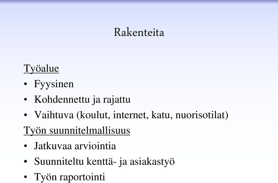 nuorisotilat) Työn suunnitelmallisuus Jatkuvaa