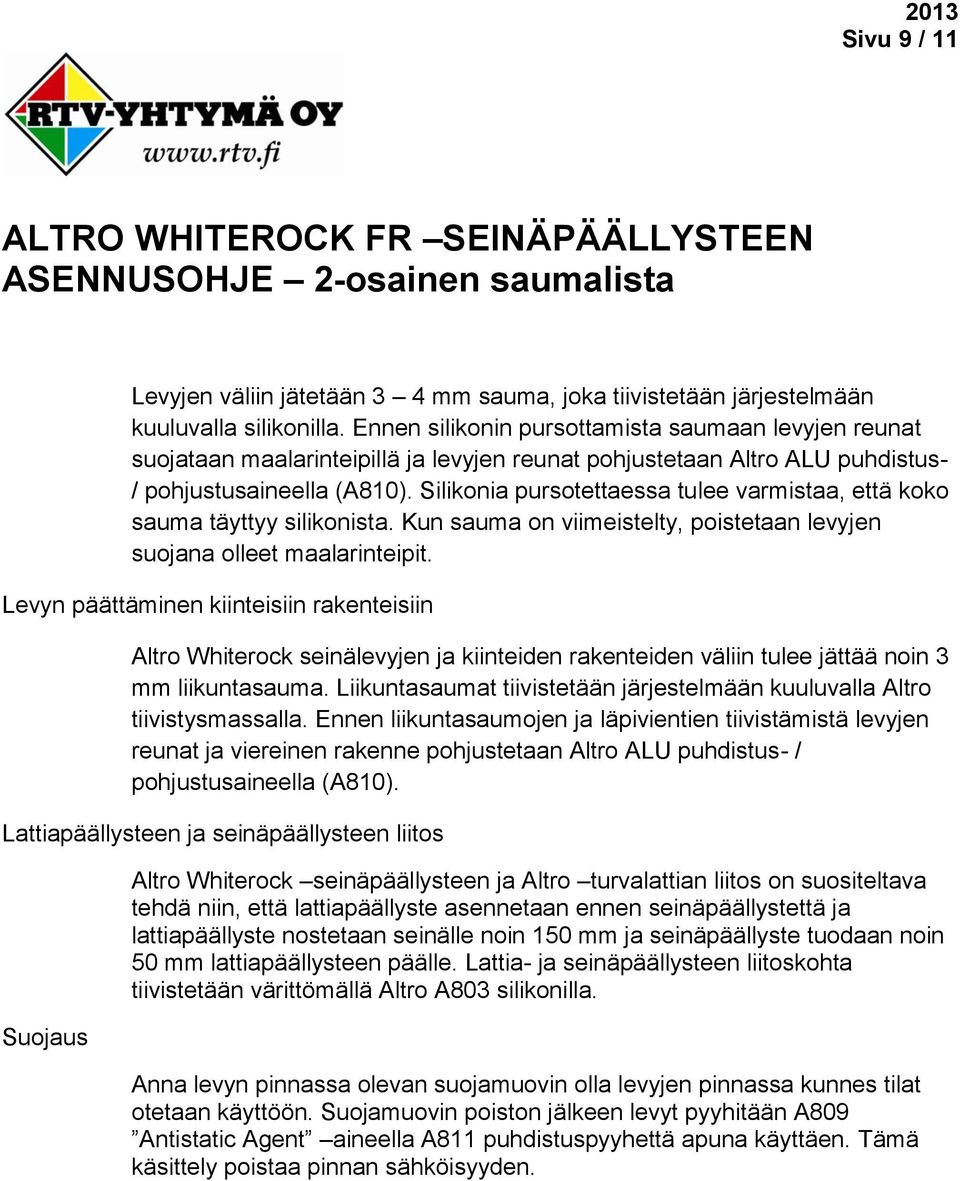 Silikonia pursotettaessa tulee varmistaa, että koko sauma täyttyy silikonista. Kun sauma on viimeistelty, poistetaan levyjen suojana olleet maalarinteipit.