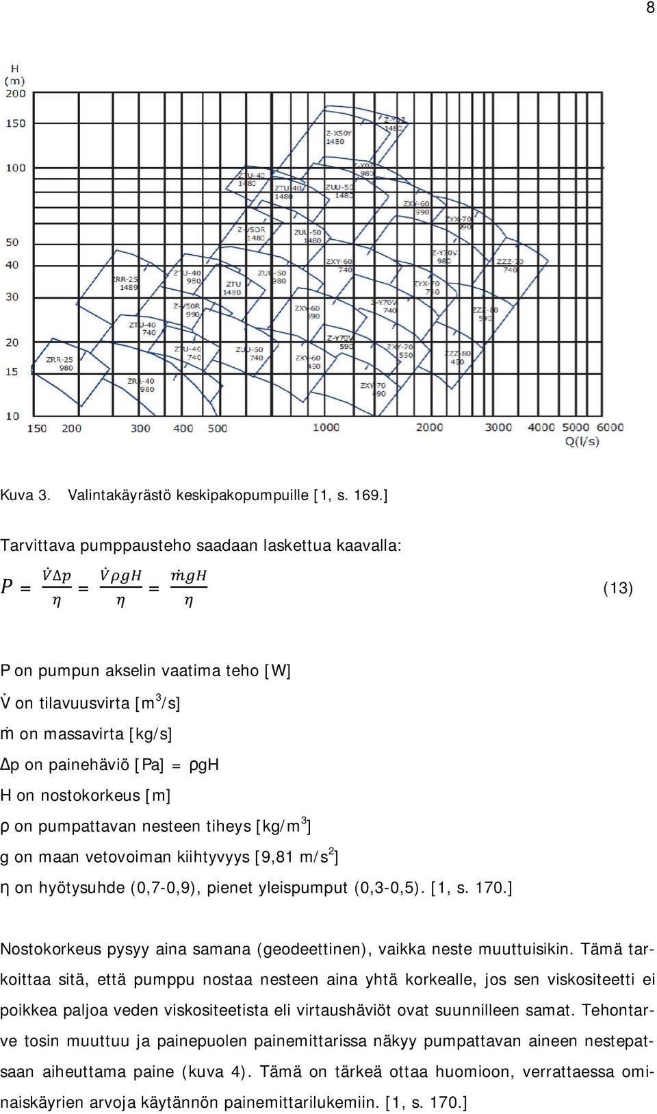 on pumpattavan nesteen tiheys [kg/m 3 ] g on maan vetovoiman kiihtyvyys [9,81 m/s 2 ] on hyötysuhde (0,7-0,9), pienet yleispumput (0,3-0,5). [1, s. 170.