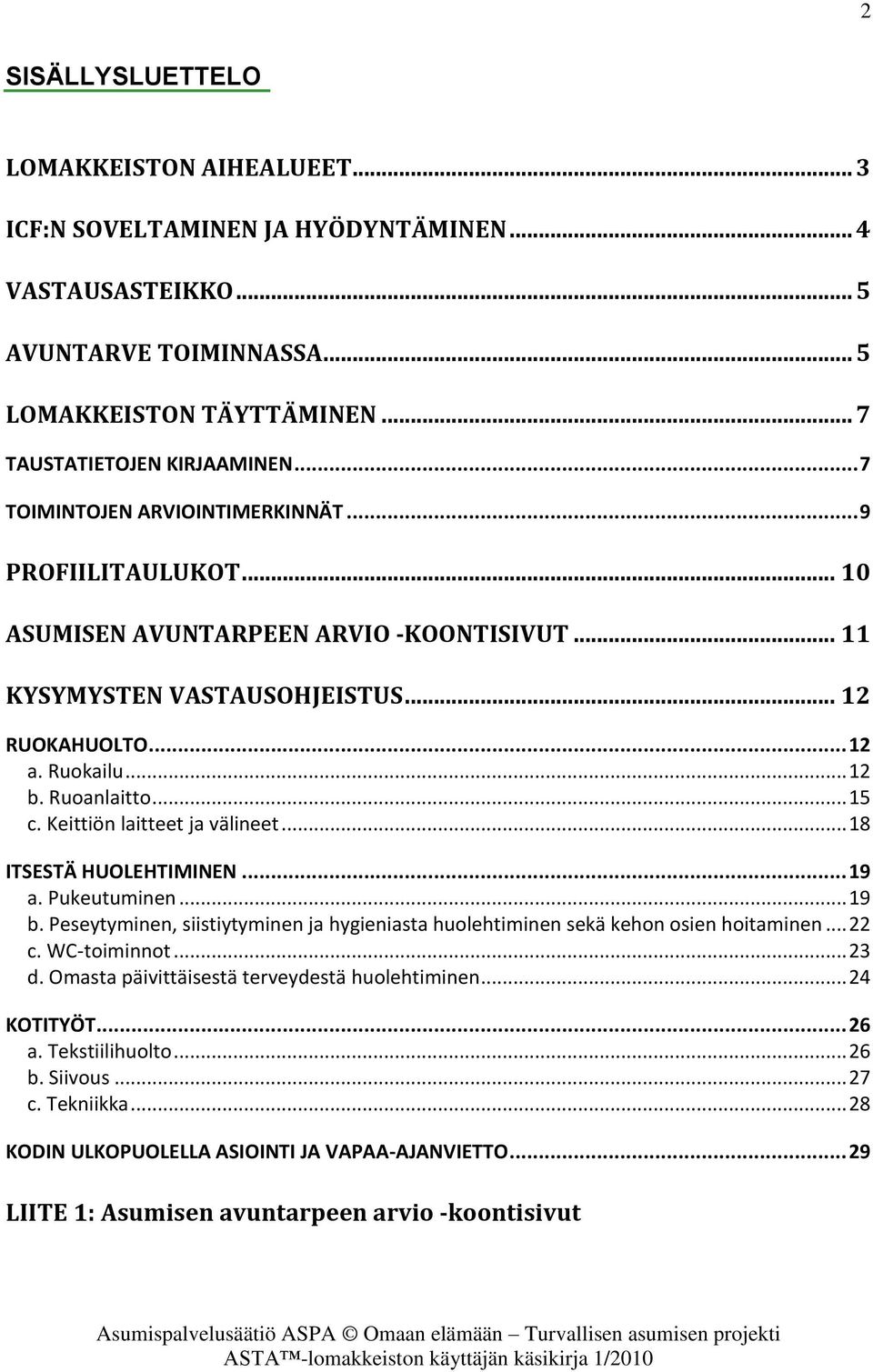 .. 15 c. Keittiön laitteet ja välineet... 18 ITSESTÄ HUOLEHTIMINEN... 19 a. Pukeutuminen... 19 b. Peseytyminen, siistiytyminen ja hygieniasta huolehtiminen sekä kehon osien hoitaminen... 22 c.