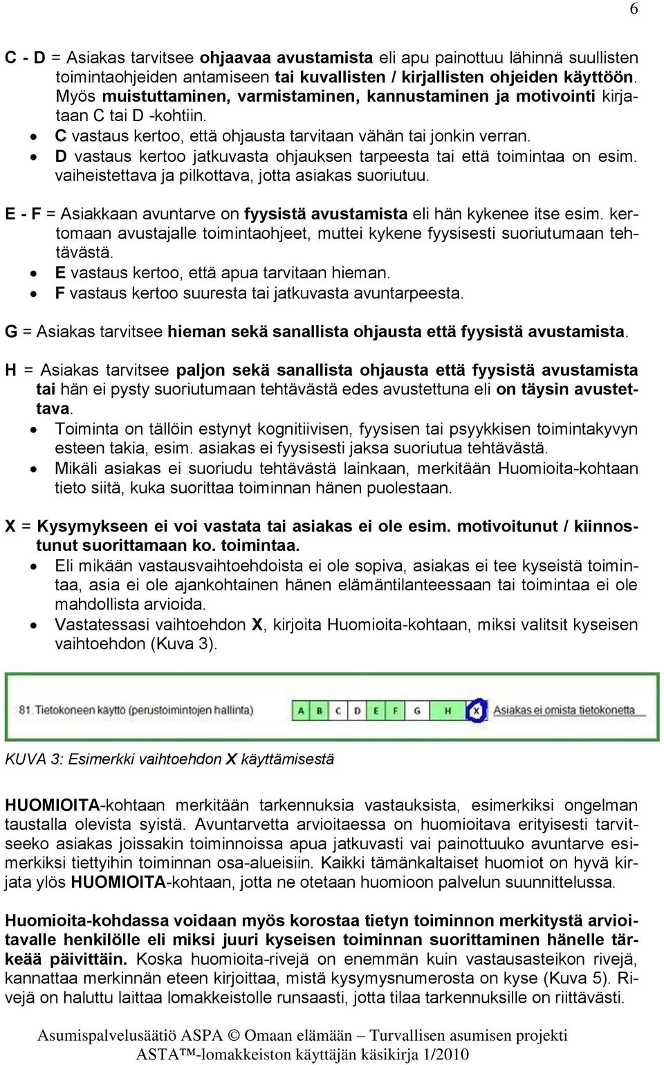 D vastaus kertoo jatkuvasta ohjauksen tarpeesta tai että toimintaa on esim. vaiheistettava ja pilkottava, jotta asiakas suoriutuu.