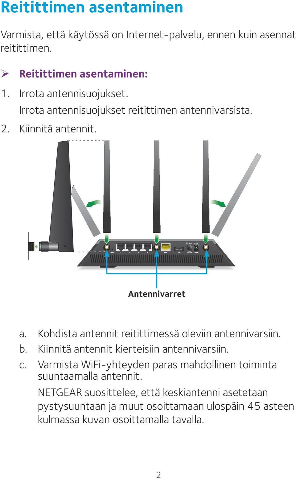 Kohdista antennit reitittimessä oleviin antennivarsiin. b. Kiinnitä antennit kierteisiin antennivarsiin. c.