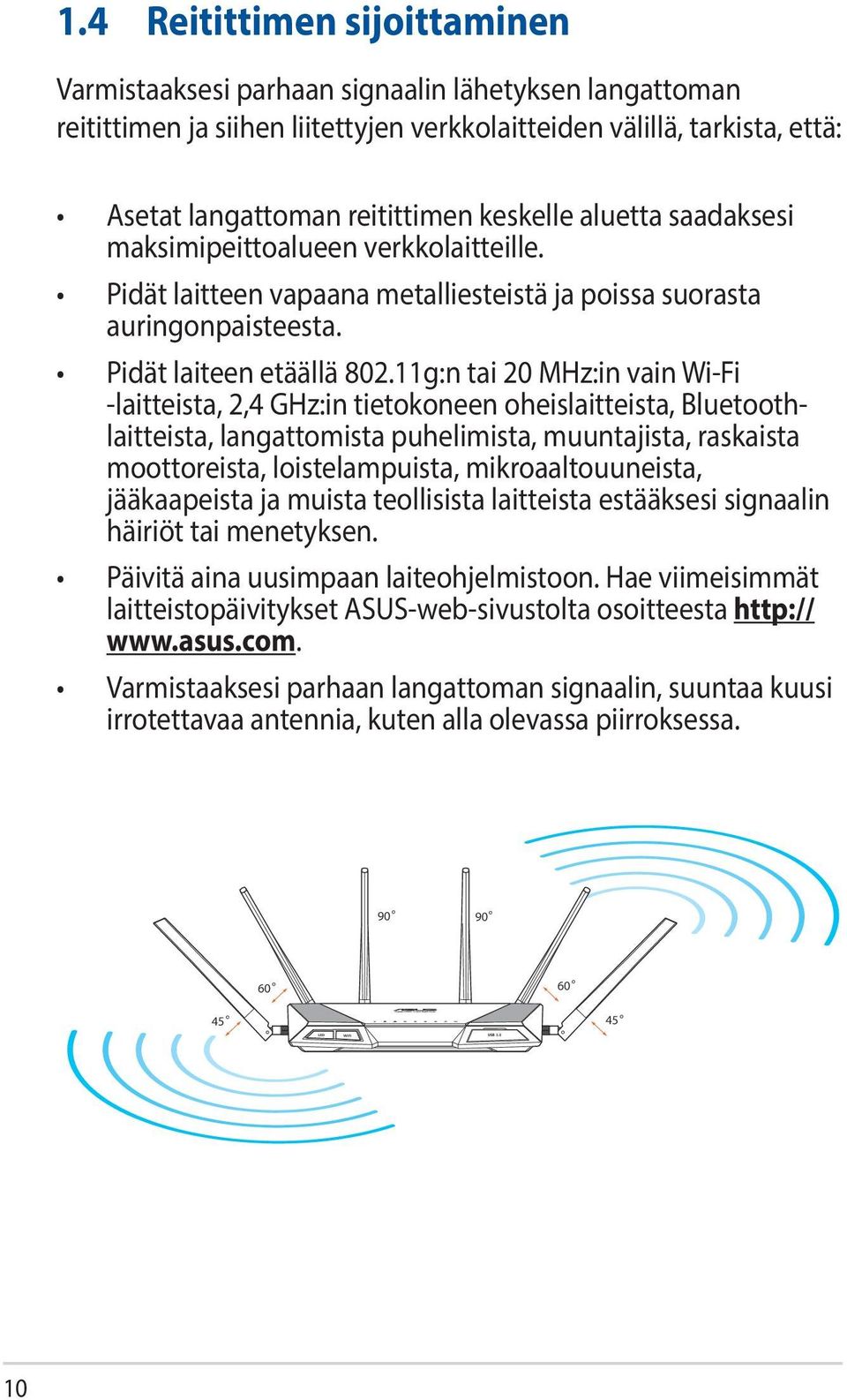 aluetta saadaksesi maksimipeittoalueen verkkolaitteille. Pidät laitteen vapaana metalliesteistä ja poissa suorasta auringonpaisteesta. Pidät laiteen etäällä 802.