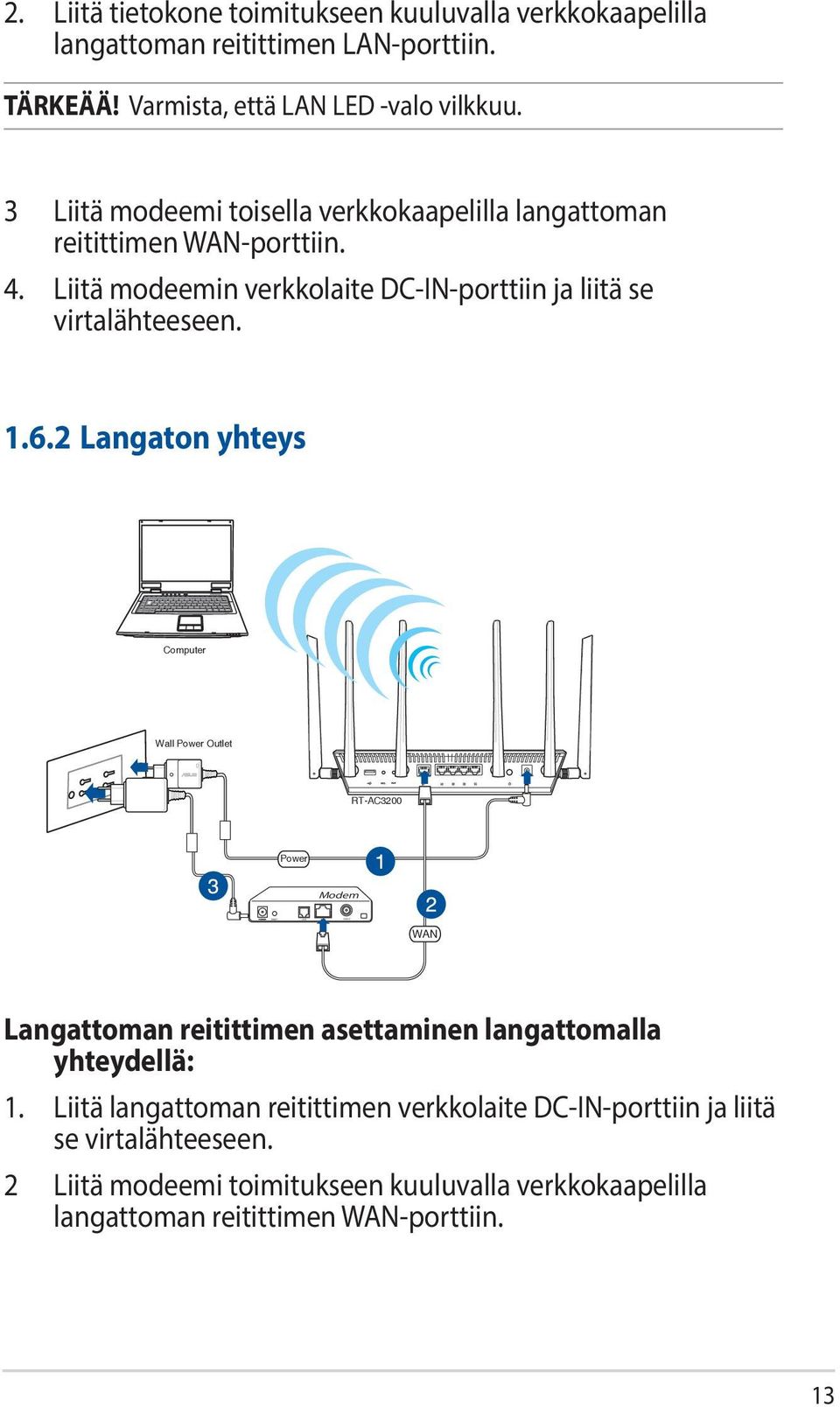 6.2 Langaton yhteys Computer Wall Power Outlet RT-AC3200 Power Modem WAN Langattoman reitittimen asettaminen langattomalla yhteydellä: 1.