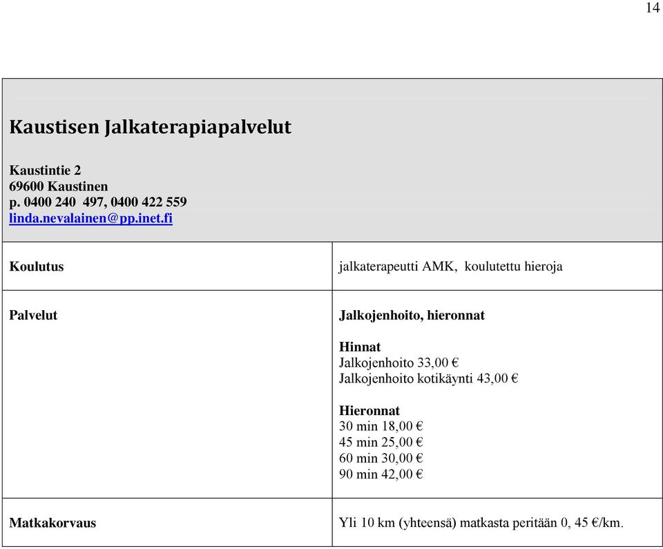 fi jalkaterapeutti AMK, koulutettu hieroja Jalkojenhoito, hieronnat Hinnat Jalkojenhoito