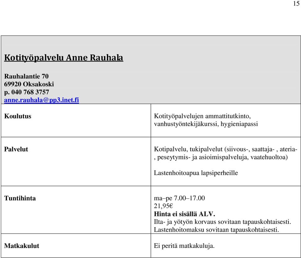 ateria-, peseytymis- ja asioimispalveluja, vaatehuoltoa) Lastenhoitoapua lapsiperheille Tuntihinta ma pe 7.00 17.