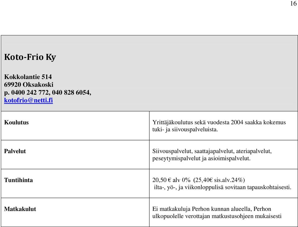 Siivouspalvelut, saattajapalvelut, ateriapalvelut, peseytymispalvelut ja asioimispalvelut.