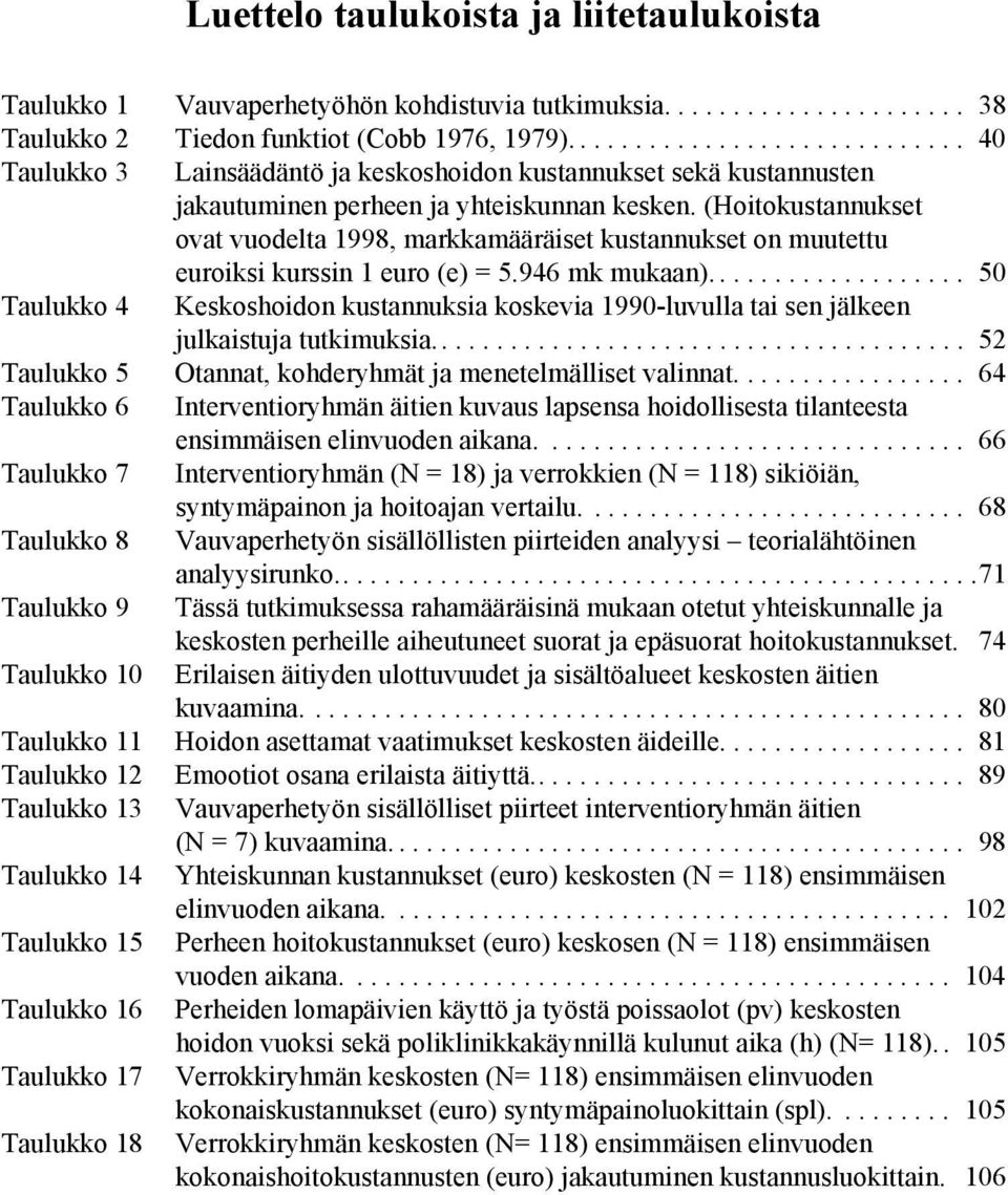 (Hoitokustannukset ovat vuodelta 1998, markkamääräiset kustannukset on muutettu euroiksi kurssin 1 euro (e) = 5.946 mk mukaan).