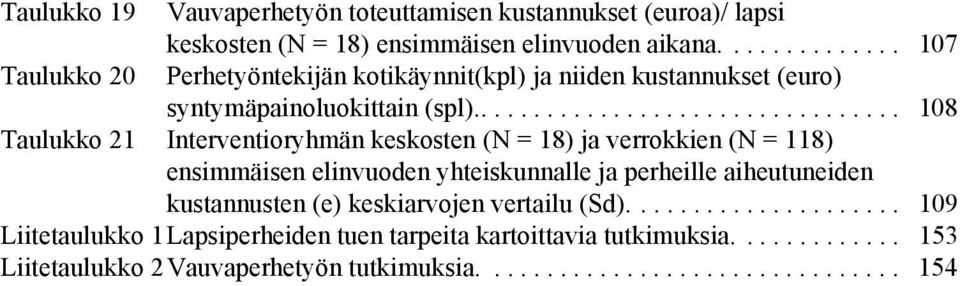 ................................ 108 Taulukko 21 Interventioryhmän keskosten (N = 18) ja verrokkien (N = 118) ensimmäisen elinvuoden yhteiskunnalle ja perheille