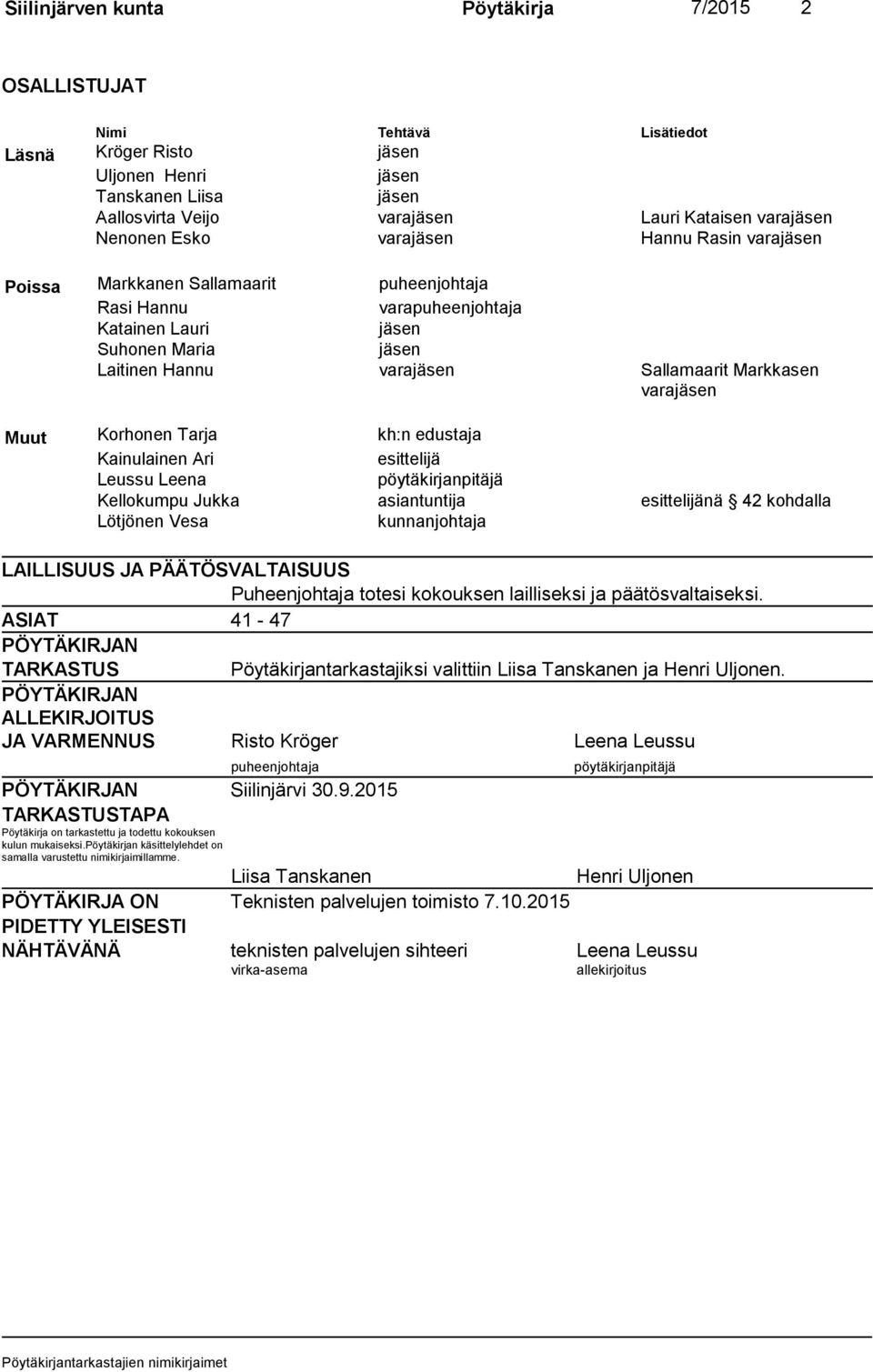 Markkasen varajäsen Muut Korhonen Tarja kh:n edustaja Kainulainen Ari esittelijä Leussu Leena pöytäkirjanpitäjä Kellokumpu Jukka asiantuntija esittelijänä 42 kohdalla Lötjönen Vesa kunnanjohtaja