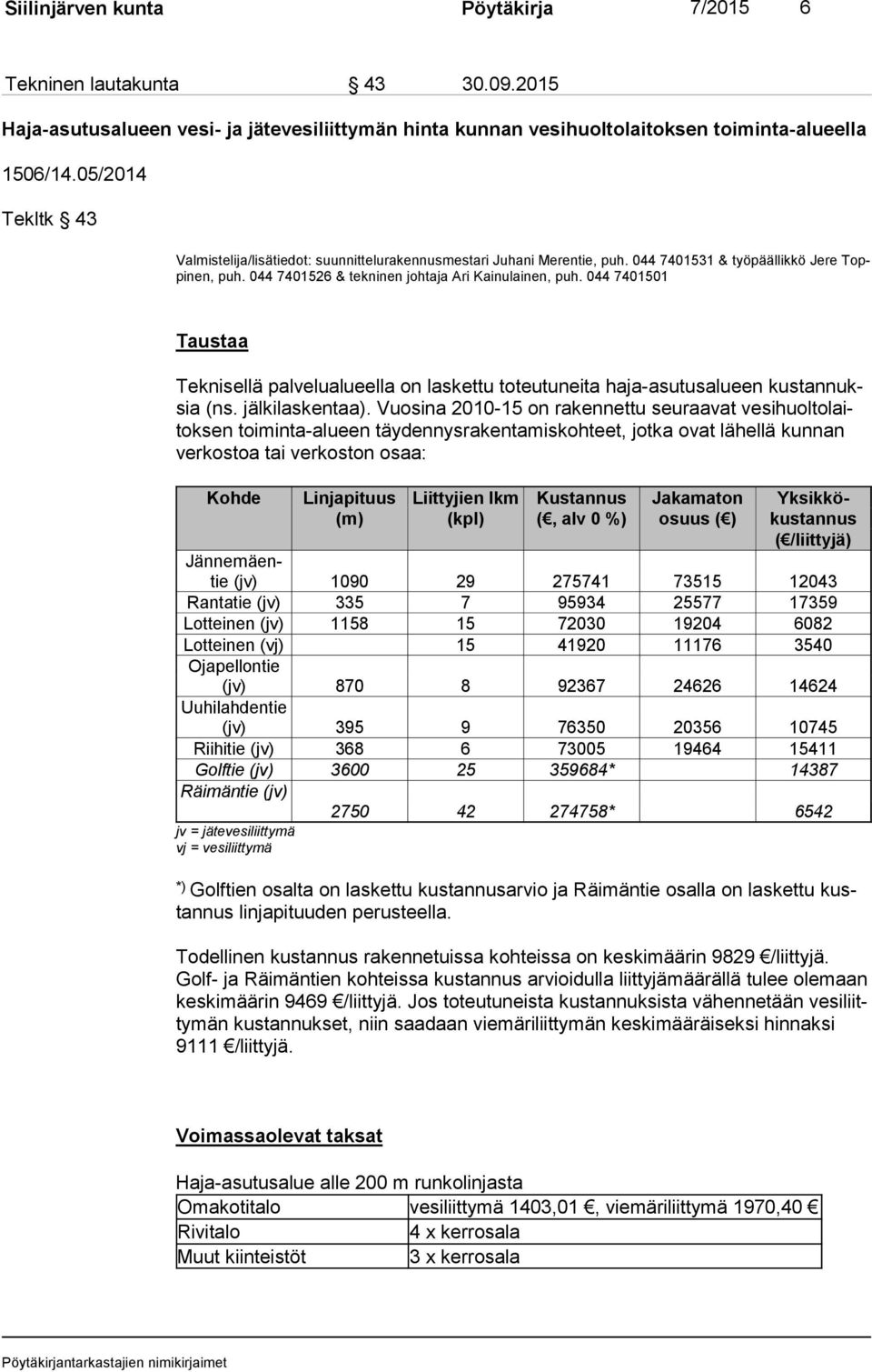 044 7401501 Taustaa Teknisellä palvelualueella on laskettu toteutuneita ha ja-asu tus alu een kus tan nuksia (ns. jälkilaskentaa).