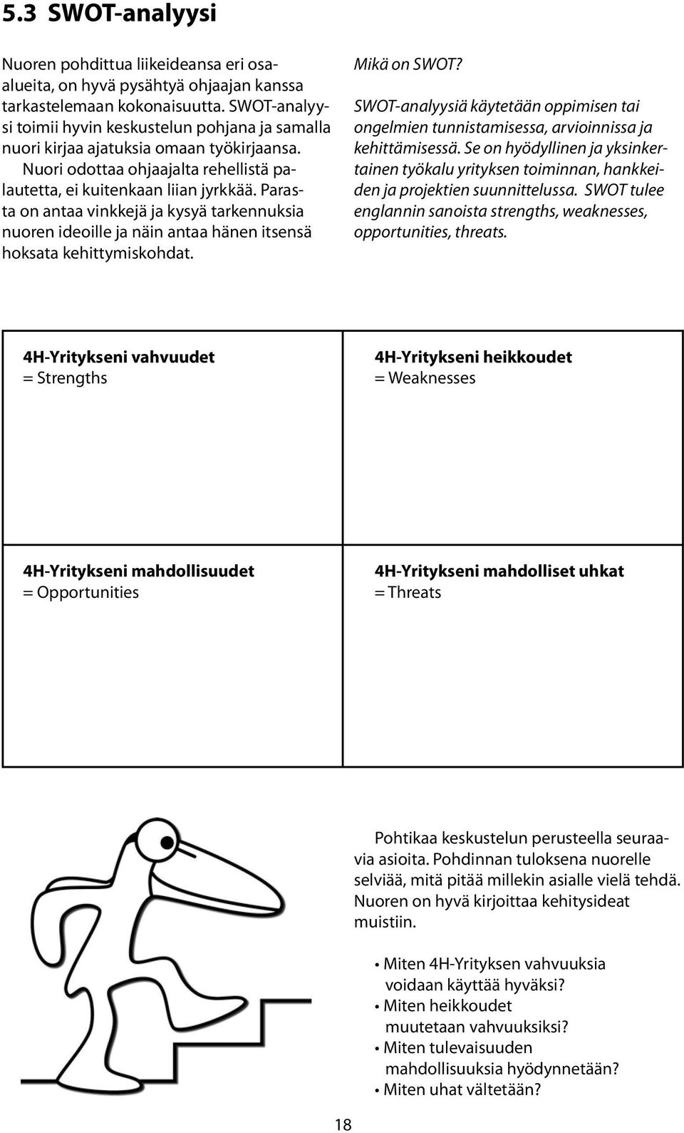 Parasta on antaa vinkkejä ja kysyä tarkennuksia nuoren ideoille ja näin antaa hänen itsensä hoksata kehittymiskohdat. Mikä on SWOT?