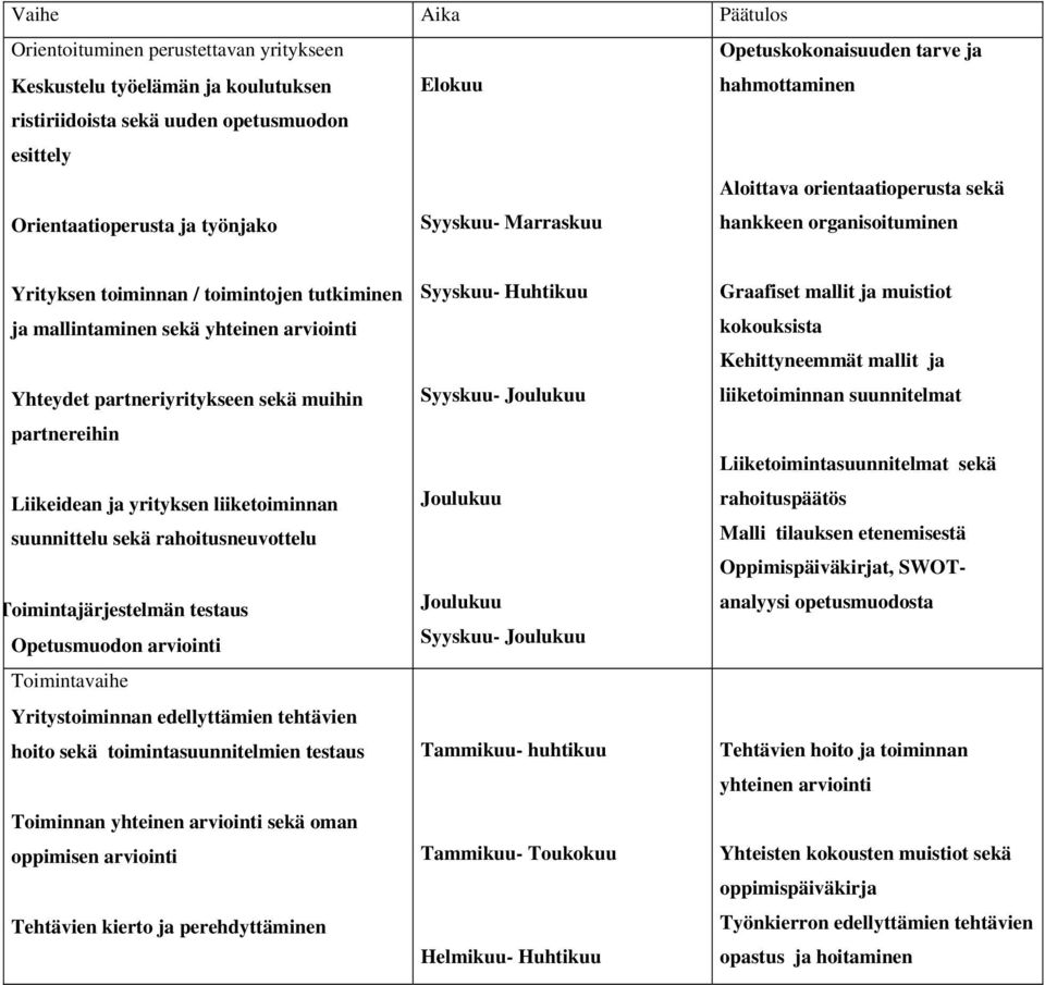 Yhteydet partneriyritykseen sekä muihin partnereihin Liikeidean ja yrityksen liiketoiminnan suunnittelu sekä rahoitusneuvottelu Toimintajärjestelmän testaus Opetusmuodon arviointi Toimintavaihe