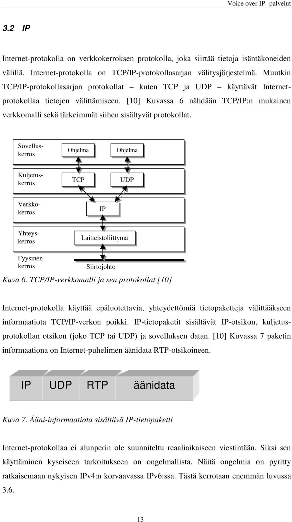 [10] Kuvassa 6 nähdään TCP/IP:n mukainen verkkomalli sekä tärkeimmät siihen sisältyvät protokollat.
