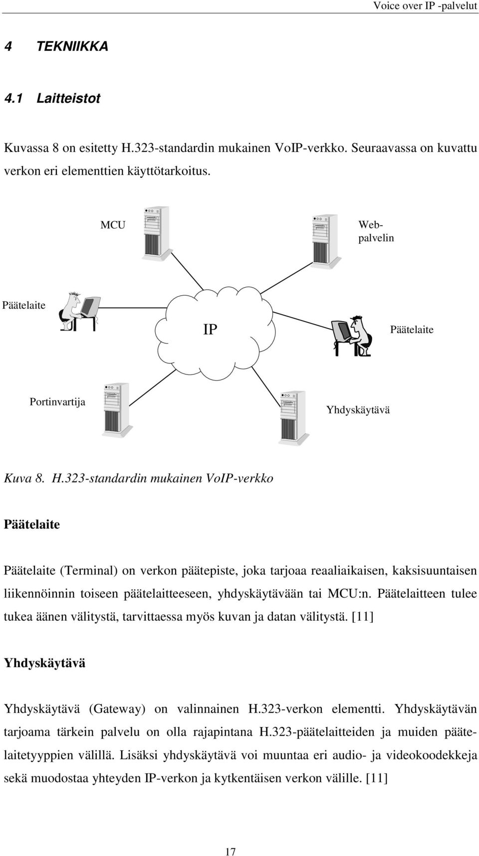 323-standardin mukainen VoIP-verkko Päätelaite Päätelaite (Terminal) on verkon päätepiste, joka tarjoaa reaaliaikaisen, kaksisuuntaisen liikennöinnin toiseen päätelaitteeseen, yhdyskäytävään tai