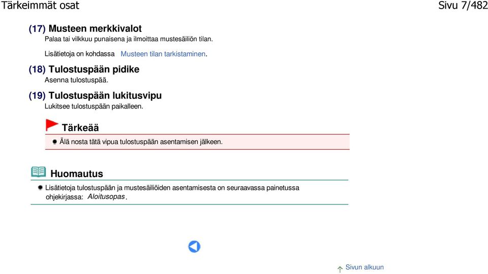 (19) Tulostuspään lukitusvipu Lukitsee tulostuspään paikalleen.