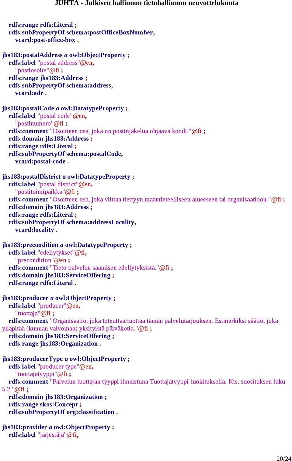 jhs183:postalcode a owl:datatypeproperty ; rdfs:label "postal code"@en, "postinumero"@fi ; rdfs:comment "Osoitteen osa, joka on postinjakelua ohjaava koodi.