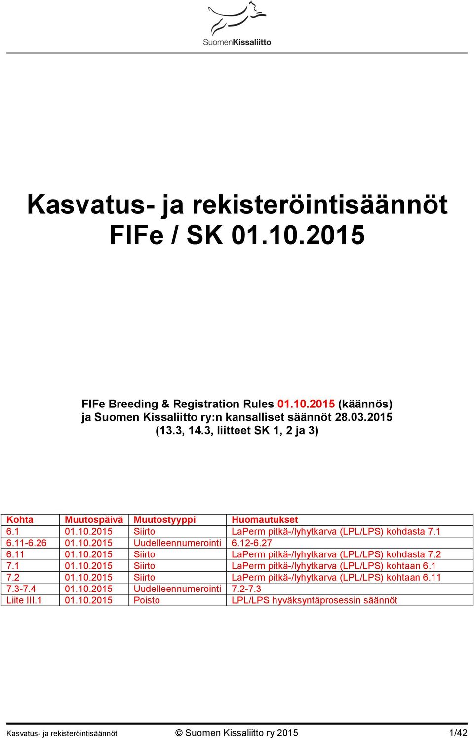 27 6.11 01.10.2015 Siirto LaPerm pitkä-/lyhytkarva (LPL/LPS) kohdasta 7.2 7.1 01.10.2015 Siirto LaPerm pitkä-/lyhytkarva (LPL/LPS) kohtaan 6.1 7.2 01.10.2015 Siirto LaPerm pitkä-/lyhytkarva (LPL/LPS) kohtaan 6.11 7.